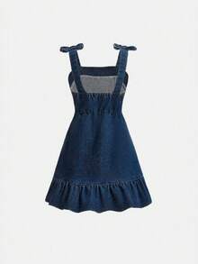 SHEIN Elladie kids 女童個性化百搭度假休閒舒適可愛時尚無彈力蝴蝶結百褶牛仔吊帶裙 薄款夏季 - 深色水洗藍 - 查看 3