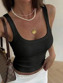 DAZY 女款素色修身休閒度假夏季背心上衣 - 黑色 - 查看 2
