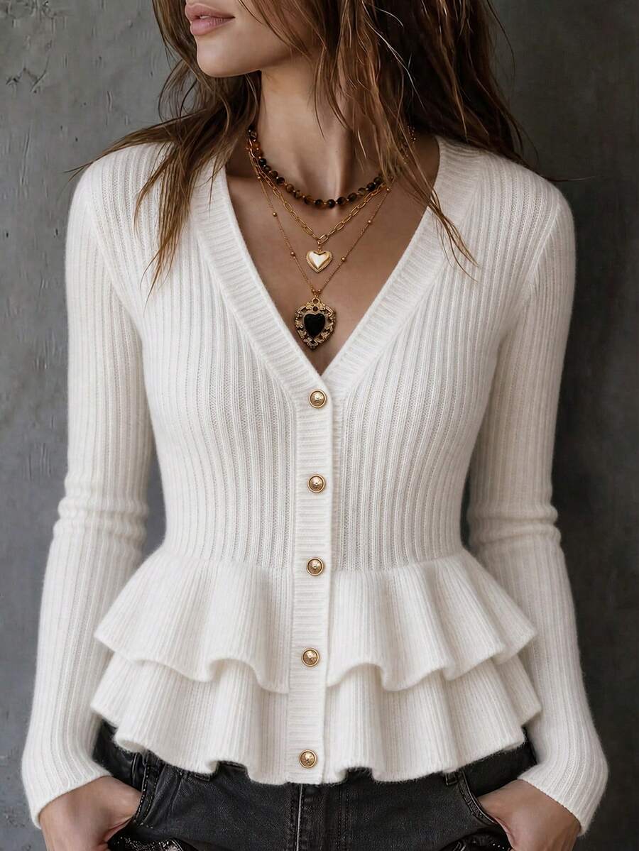 LUMIGAL Women's Solid Color Long Sleeve Single-Breasted Ruffle Hem Knit Cardigan - White - View 1