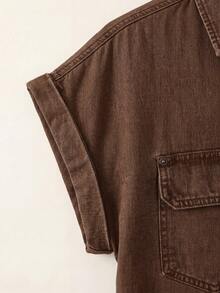 EMERY ROSE EMERY ROSE Women's Casual Short Sleeve Denim Top, Summer - Brown - View 5