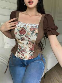 Feyla Women's Jacquard Contrast Lace Puff Sleeve Side Waist Tie Elegant Blouse - Brown - View 3