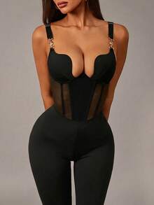 Radiana Corsé ajustado sexy y elegante para mujer, negro, con copa asimétrica, malla transparente y patchwork, bustier ajustado de alta elasticidad, pantalones casuales, adecuado para salidas diarias, citas, reuniones, fiestas, clubes, discotecas, festivales de música, vacaciones y viajes vacacionales - Negro - Ver 1
