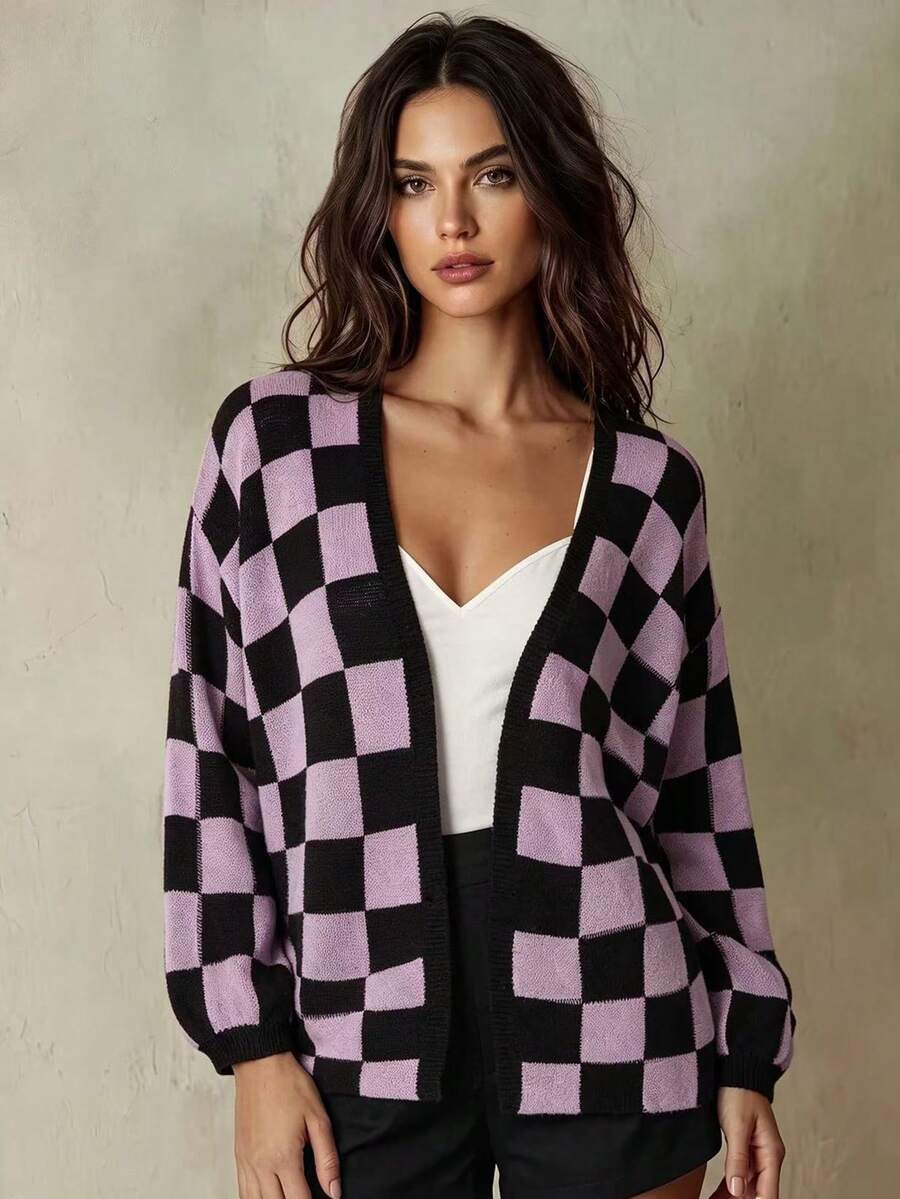 Franclia Cardigan Rajut Kasual Longgar Lengan Panjang Motif Kotak-kotak Wanita, Musim Gugur/Dingin - MultiWarna - View 1