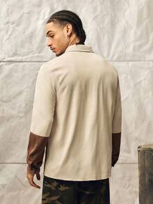 Men Two Tone Letter Patched Detail Corduroy Shirt, For Fall, Long Sleeve Top, Vacation, Multicolor, Button Front, Collar, Regular Fit, - Multicolor - View 3