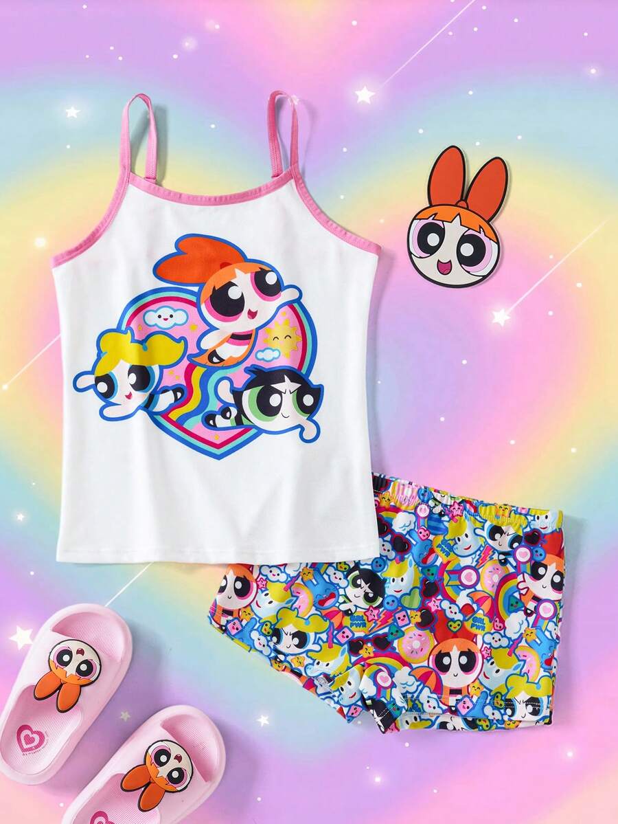 THE POWERPUFF GIRLS X SHEIN 2件組 青少年女孩細肩帶內衣與四角內褲 可愛迷人系列 - 白色 - 查看 1