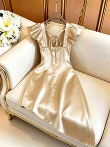 Elenzga Women's Summer Fashion Sexy Waist-Cinching Slit Pleated Dress, Suitable For Daily Wear, Dating, Party, Holiday - Champagne - View 2