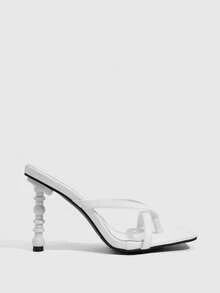 CUCCOO SZL Spring And Summer Bamboo Heel Design Square Toe Thin Heel Sweet Cool Style White Mezzanine High Heel Sandals Commuter Dating - White - View 2