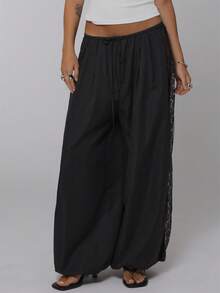 COUREZ Low Rise Lace Detail Parachute Trousers Y2K Autumn Winter For Women Casual Going Out Baggy Pants Fall For Women - Black - View 2