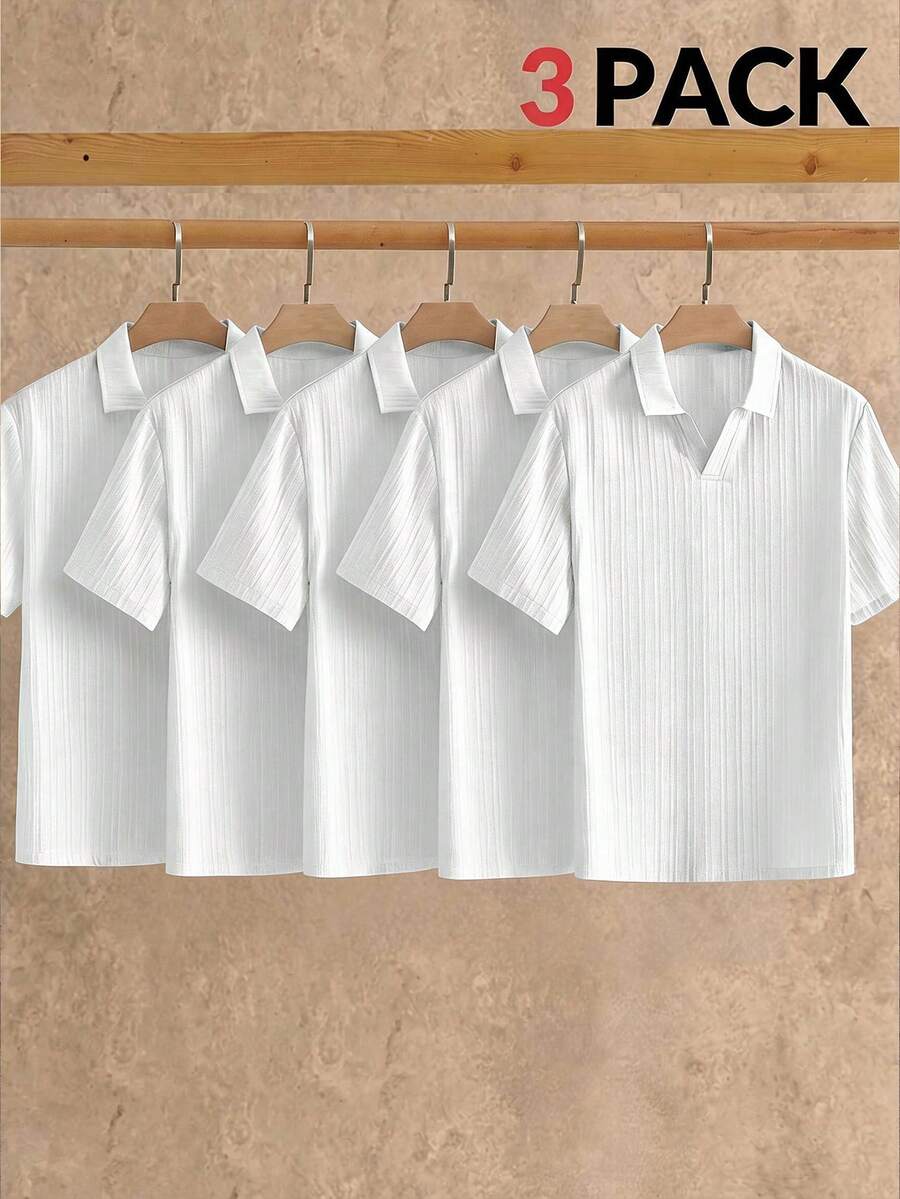 HIMLAND 3pcs/Pack Men's Simple Ice Silk Feel Short Sleeve Polo Shirts, Summer Vacation White Casual - White - View 1
