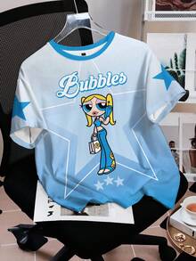 THE POWERPUFF GIRLS X SHEIN Women's Summer Casual Gradient Cartoon Print T-Shirt - White - View 6