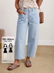 SHEIN PETITE Celana Jeans Wanita Kasual Liburan Bergaris dengan Potongan Kaki Melengkung - Biru - View 1