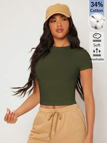 SHEIN BASICS 女款純色休閒圓領短袖短版T恤上衣 白色上衣 - 軍綠色 - 查看 5