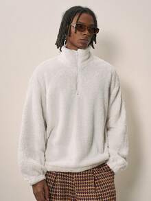 Sonviro Men's Solid Color Plush Half-Zip Casual Quarter Zip Fleece Sweatshirt For Autumn/Winter - White - View 3