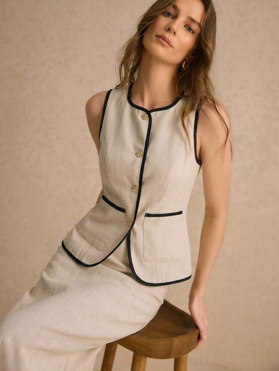 Poéselle Women's Piped Single-Breasted Vest And Skirt Elegant Suit Set - Apricot - View 1