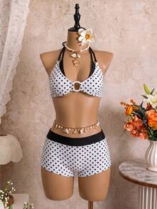 Sunnyshic Creamy Soft White With Black Polka Dot Print Halter Bikini Set - Black and White - View 3