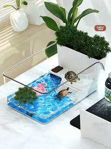 Turtle Tank With Basking Platform, 2-In-1 Dry Wet Separation Reptile Habitat Terrarium For Crabs Frogs Newts Amphibians, Easy Clean Natural Landscape Design Desktop Floor Stand Aquarium Kit For Pet Lovers Gift - Multicolor - View 2