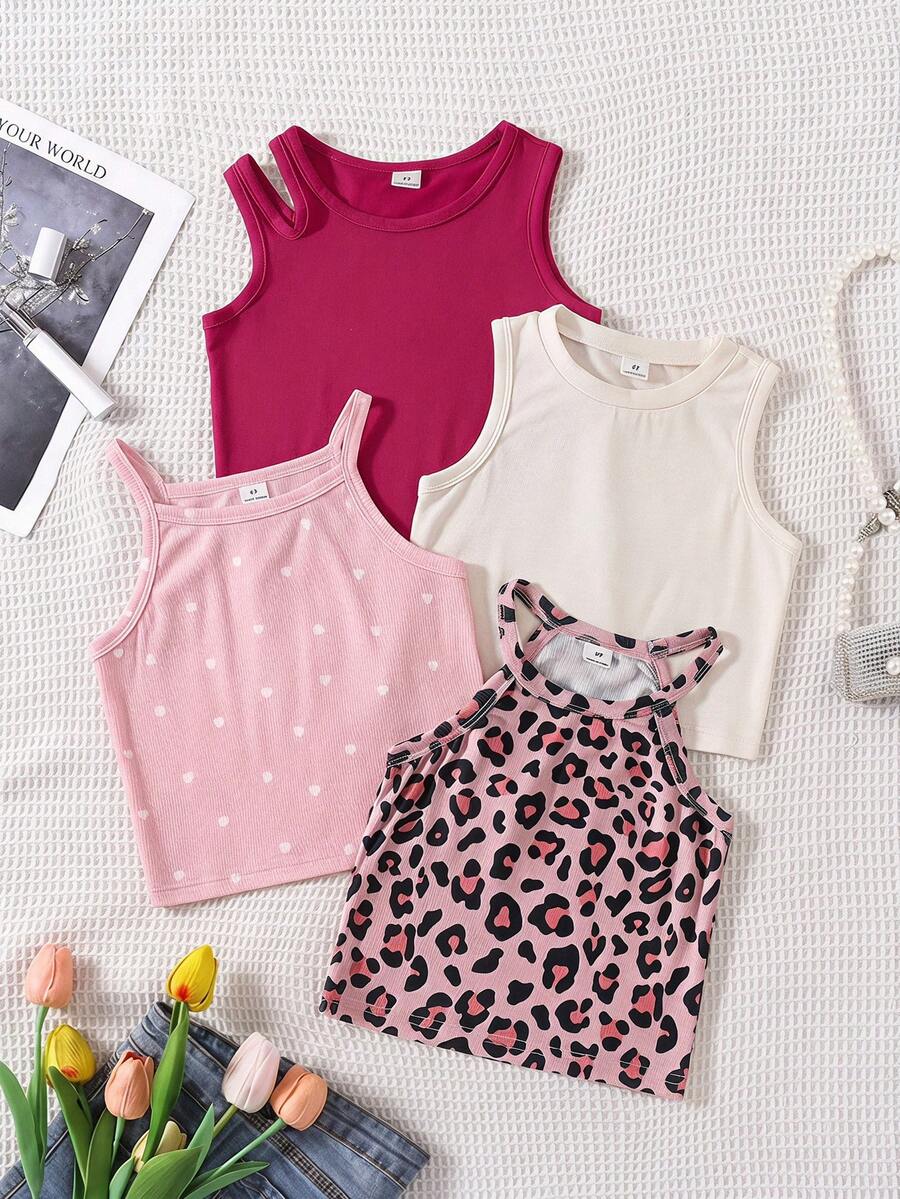 SHEIN Genkimix Kids 少女休閒百搭日常穿著上衣 4件/組 - 彩色 - 查看 1