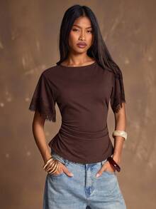 SHEIN BAE Atasan Wanita Lengan Pendek Leher Bulat Warna Cokelat Polos Musim Semi/Panas - Coklat - View 4