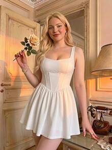 SHEIN MOD Hơn Trắng Chất rắn Áo nịt ngực Kết cấu Váy Dây - trắng - Xem 3