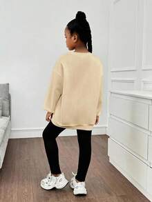 SHEIN Leap Crew Tween Girls Loose Casual Letter Patch Dropped Shoulder Round Neck Hoodie And Slim Fit Pants Set - Apricot - View 3