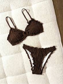 SHEIN Swim Bonvoyette-D 夏季深棕色提花布料荷葉邊飾環飾女款休閒性感熱帶可愛沙灘派對比基尼泳衣兩件套 - 咖啡棕 - 查看 4