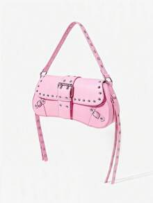 Viva Strut Ladies Rivet Tassels Shoulder Bag, Hobo Bag, Pink, Faux Leather, Fashionable, Personalized, Simple, Versatile, Street, Sweet And Cool Girls, Hot Girls, Y2k, Retro, Rivets, Vintage, Punk, For Commute, Office, Date, Daily, Shopping, School, College - Pink - View 3