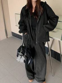 Dazy Tall Women's Sequin Fabric Hooded Open Front Sweatshirt And Loose Pants Casual 2 Pieces Set Fall - Dark Grey - View 6
