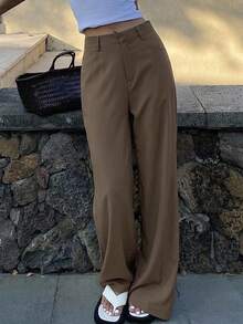 Dazy Tall Celana Panjang Wanita Polos Kasual Serbaguna untuk Sehari-hari, Model Lurus, Cocok untuk Musim Gugur - Coklat - View 8