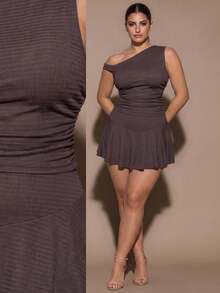 SHEIN BAE CURVE 大尺碼女款棕色紋理布料上衣與裙子兩件套，適合夜晚外出、約會之夜、度假、夏季休閒性感傳統風格 - 棕色 - 查看 1