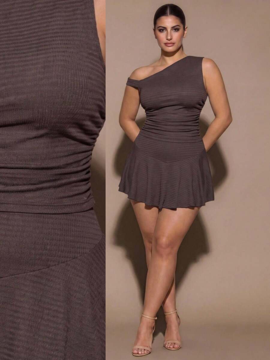 SHEIN BAE CURVE 大尺碼女款棕色紋理布料上衣與裙子兩件套,適合夜晚外出、約會之夜、度假、夏季休閒性感傳統風格 - 棕色 - 查看 1