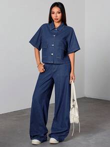 SHEIN 青少年女孩短袖單排扣工裝口袋牛仔夾克 - 深色水洗藍 - 查看 6