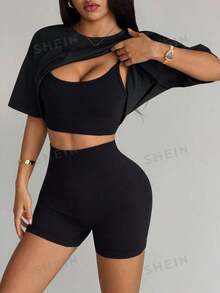 Velisys Velisys Black Short Sleeve Jacket With Seams, Seamless Black Bra And Shorts - Multicolor - View 5