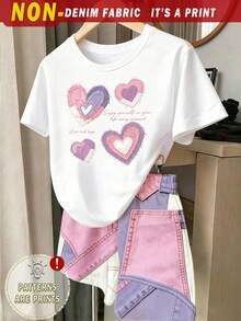 (2 Random Item From 5) Girls' Purple Pink Heart, Colorful Brown Stripe, Floral, Bow, Polka Dot Pattern Basic Short T-Shirt And Shorts - Multicolor - View 7