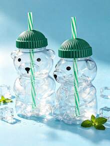 1/2/3/4/5/10Pcs Plastic Cute Bear Straw Cup – Teddy Bear Design Straw Tumbler With Lid, Reusable Travel Drinkware For Juice, Cold Drinks, Milk, Coffee (Not For Boiling Water) - Green - View 6