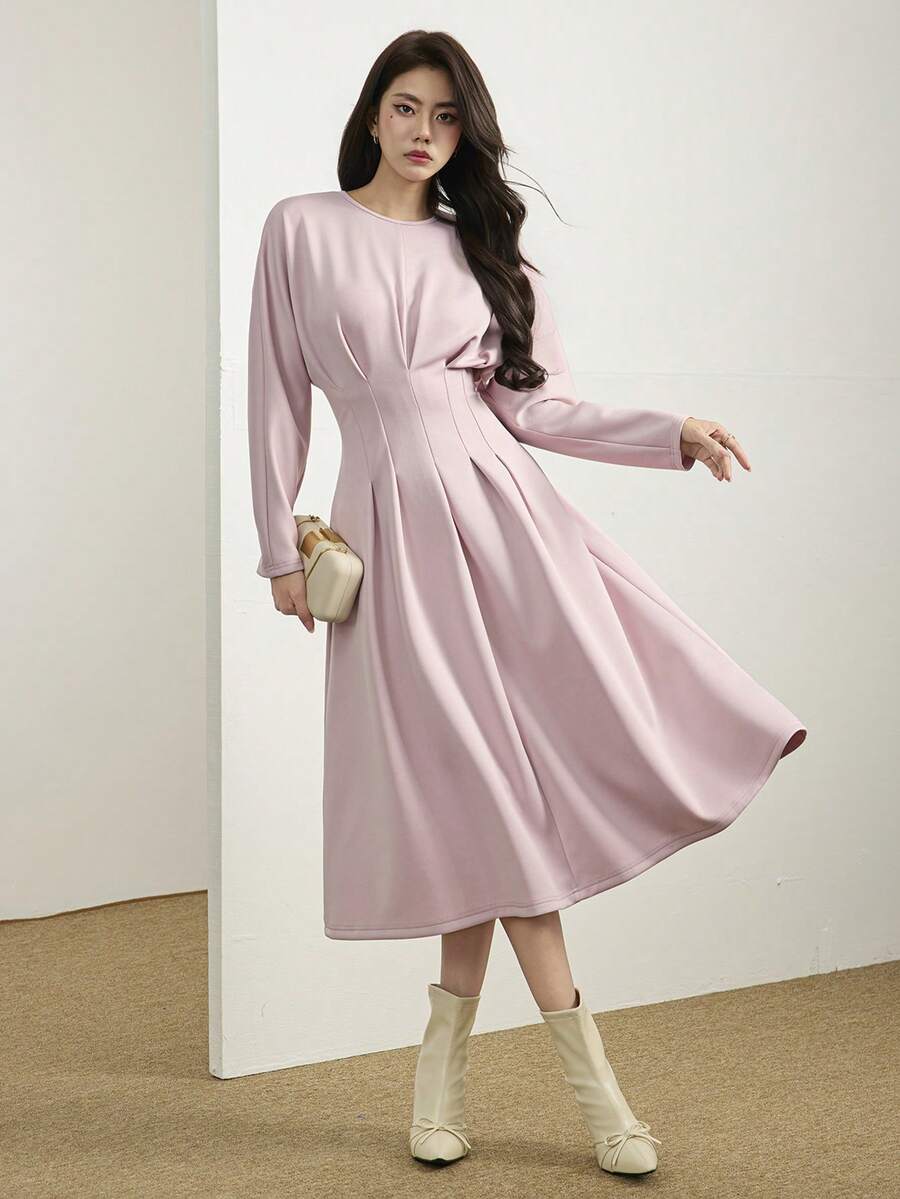 Heiryn Women's Elegant Solid Color Waist-Cinching Mid-Length Dress Commuter ,Fall Women Clothes Fall - Pink - View 1