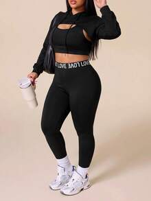 SHEIN Velisys Women's Plus Size Drawstring Hooded Cropped Sweatshirt And Letter Waistband Leggings Sports Set Fall - Black - View 3