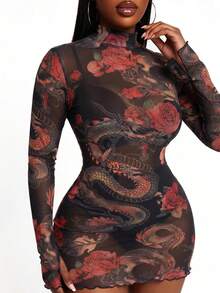 SHEIN SXY 玫瑰黑龍大尺碼女款性感長袖洋裝 - 彩色 - 查看 3