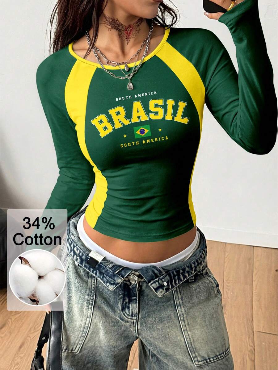 Coolane Damen Große Größen Herbst Streetwear Anti Social Smart Lässig Baggy Vintage Ausgehen Fitness Sport Club Urlaub Baumwolle Gelb Grün Farbblock Jersey Top