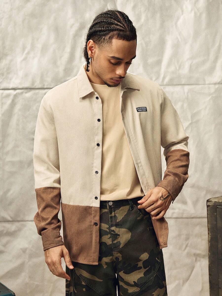 Men Two Tone Letter Patched Detail Corduroy Shirt, For Fall, Long Sleeve Top, Vacation, Multicolor, Button Front, Collar, Regular Fit, - Multicolor - View 1