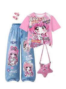 SHEIN 女童 T-shirt 套裝，粉色短袖圓領 T-shirt 配可愛卡通動漫印花上衣與仿牛仔印花直筒褲，2 件套，夏季兒童時尚套裝，充滿活力夏日氛圍，適合外出與上學穿著 - 粉色 - 查看 6