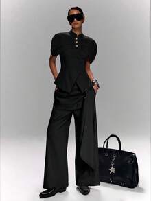 LYSMO Women's Metal Button Design Sleeveless Jacket And Single-Breasted Vest Suit Set - Black - View 5