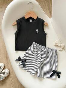 SHEIN Playful Pals 女嬰夏季杏色豹紋套裝 紋理無袖上衣 豹紋短褲 飾杏色蝴蝶結 日常出遊必備 - 黑色 - 查看 3