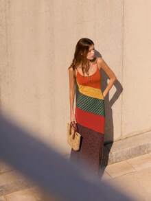 Nöista Vestido maxi con bloques de color y tirantes finos con estampados mixtos en paneles de patchwork, suave y elástico - Multicolor - Ver 3