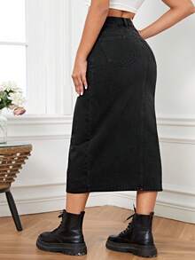 Flexra Plus Size Side Slit Denim Skirt Formal Date Night Black Autumn Casual 1960s - Black - View 6