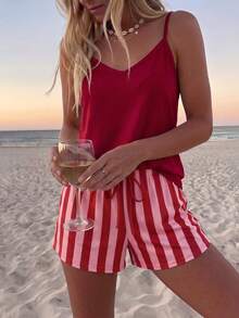 SHEIN LUNE 休閒極簡女款兩件套，適合夏季度假，波希米亞優雅浪漫復古紅粉條紋印花圖案，女式正式襯衫，女式通勤套裝，音樂節，沙灘穿搭，度假穿搭，女式夏季穿搭 - 彩色 - 查看 3