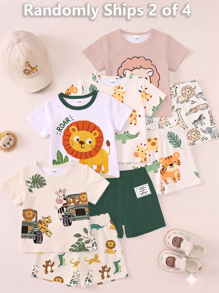 2 conjuntos aleatorios de 4 conjuntos de camiseta y pantalones cortos. Camiseta de cuello redondo con estampado de animales lindos, estampado de rayas, estampado de números, combinada con pantalones cortos con el mismo estampado - Multicolor - Ver 1