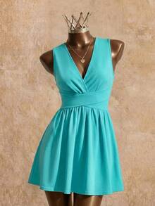 SHEIN Rosurelle Women Teal Summer Elegant Date Wedding Guest Criss-Cross V-Neck Sleeveless A-Line Mini Dress, Backless Pocket Evening Party Beach Short Dress - Mint Green - View 2