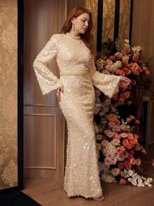 MOTF PREMIUM ELEGANT PLUS WOMEN'S MOCK NECK LONG FLARED SLEEVES MERMAID FORMAL DRESS FOR PROM,RED CARPET WEDDING - Apricot - View 6