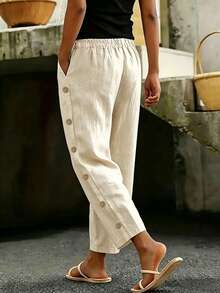SHEIN Women's Solid Color Pocket Casual Versatile Daily Wear Long Pants - Apricot - View 2