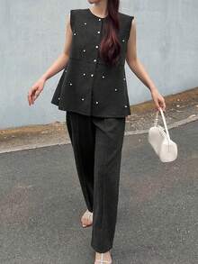 FRIFUL Women's Early Summer New Korean Style Frill Trim Beaded 2 Pieces Suit Set Western Elegant Outfits For Women Brunch Black - Grey - View 4